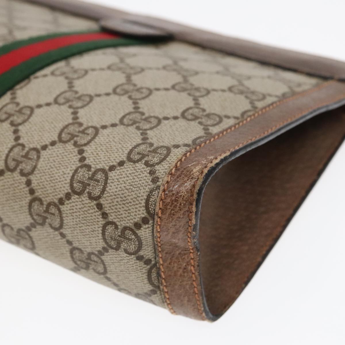 GUCCI GG Canvas Web Sherry Line Clutch Bag PVC Leather Beige Green Auth 90836