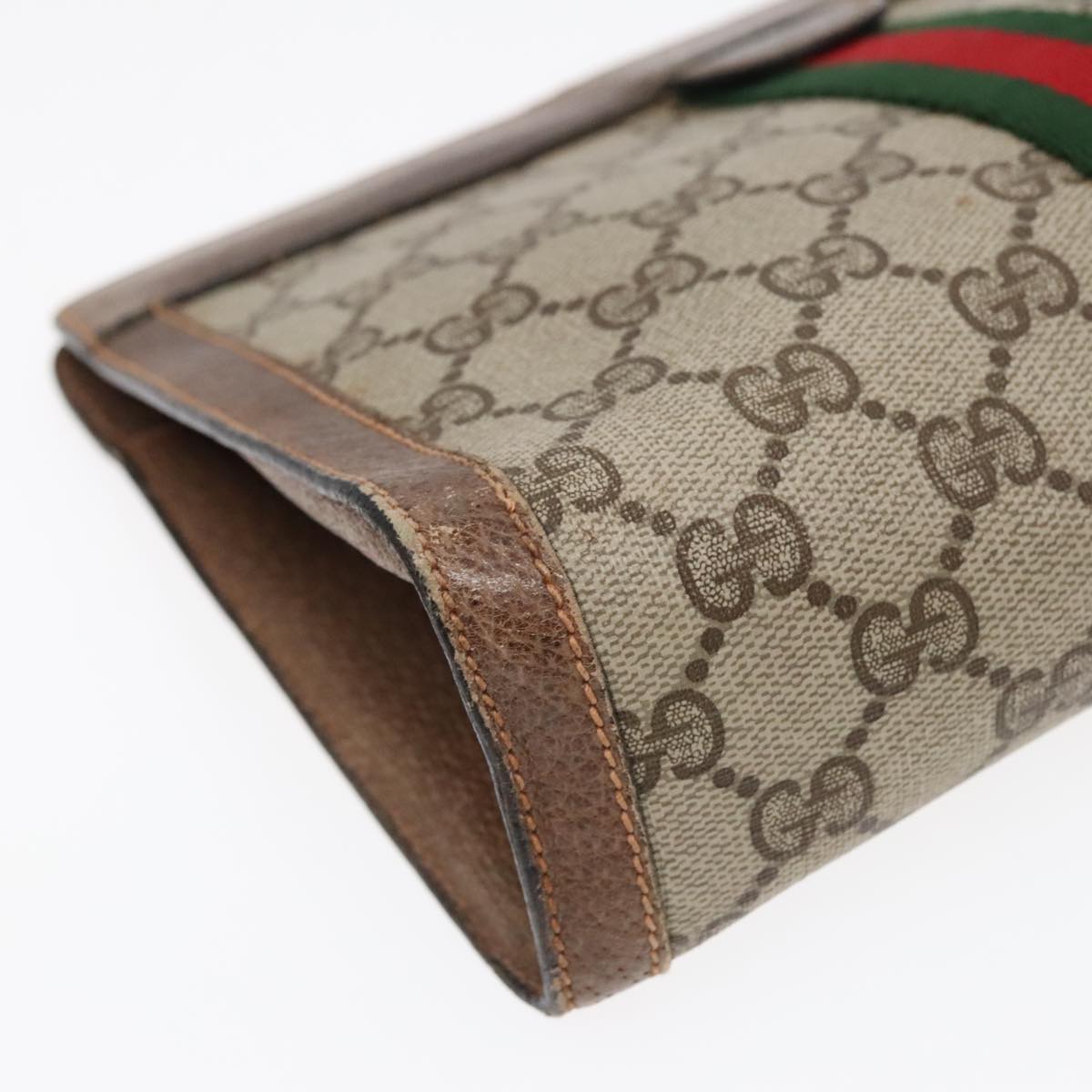 GUCCI GG Canvas Web Sherry Line Clutch Bag PVC Leather Beige Green Auth 90836