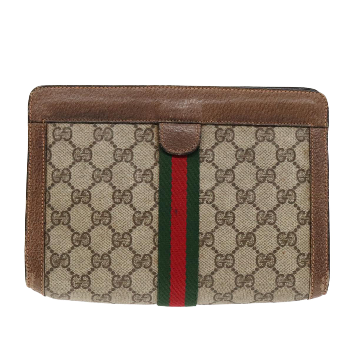 GUCCI GG Canvas Web Sherry Line Clutch Bag PVC Leather Beige Green Auth 90836