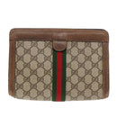 GUCCI GG Canvas Web Sherry Line Clutch Bag PVC Leather Beige Green Auth 90836-13