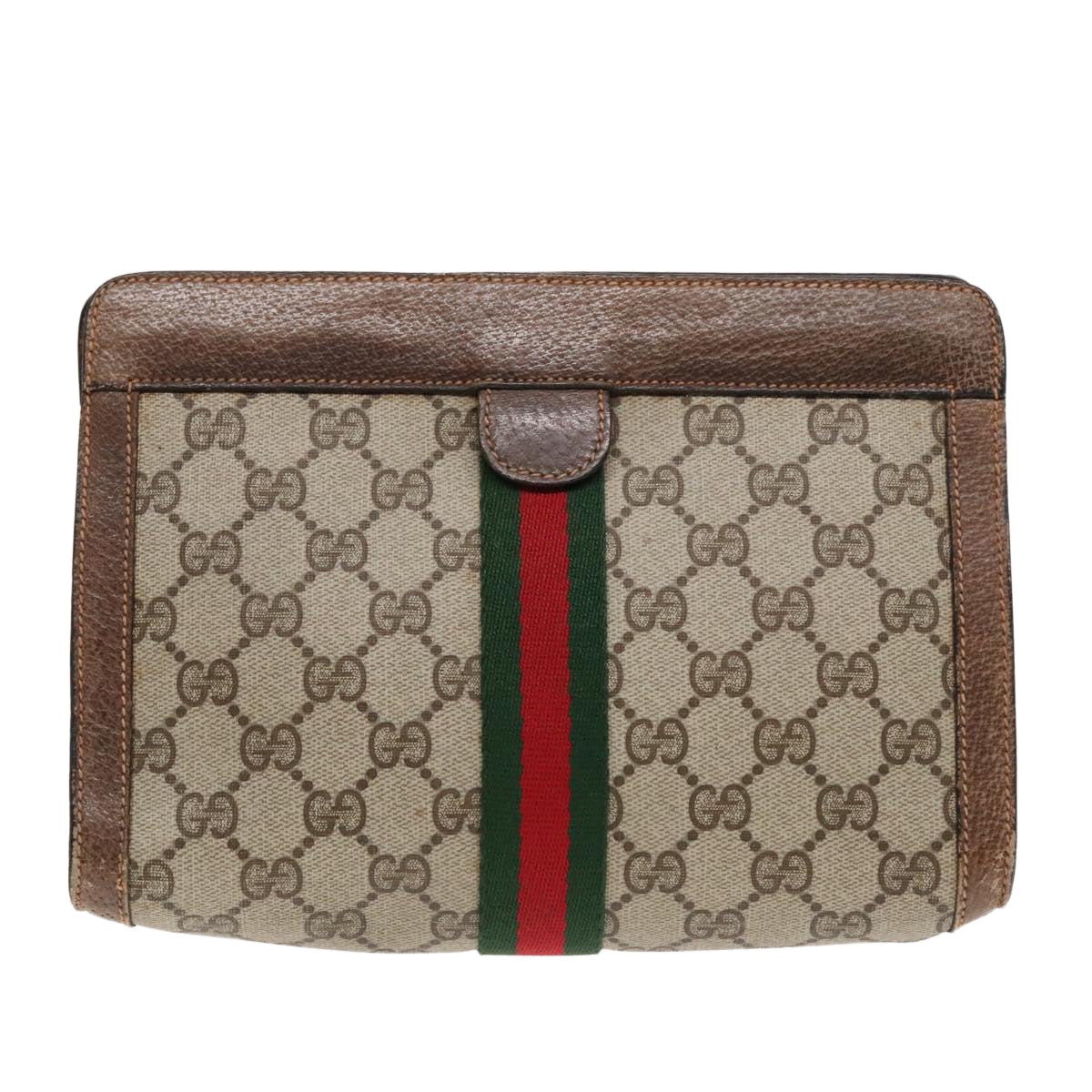 GUCCI GG Canvas Web Sherry Line Clutch Bag PVC Leather Beige Green Auth 90836