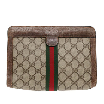 GUCCI GG Canvas Web Sherry Line Clutch Bag PVC Leather Beige Green Auth 90836 - 0