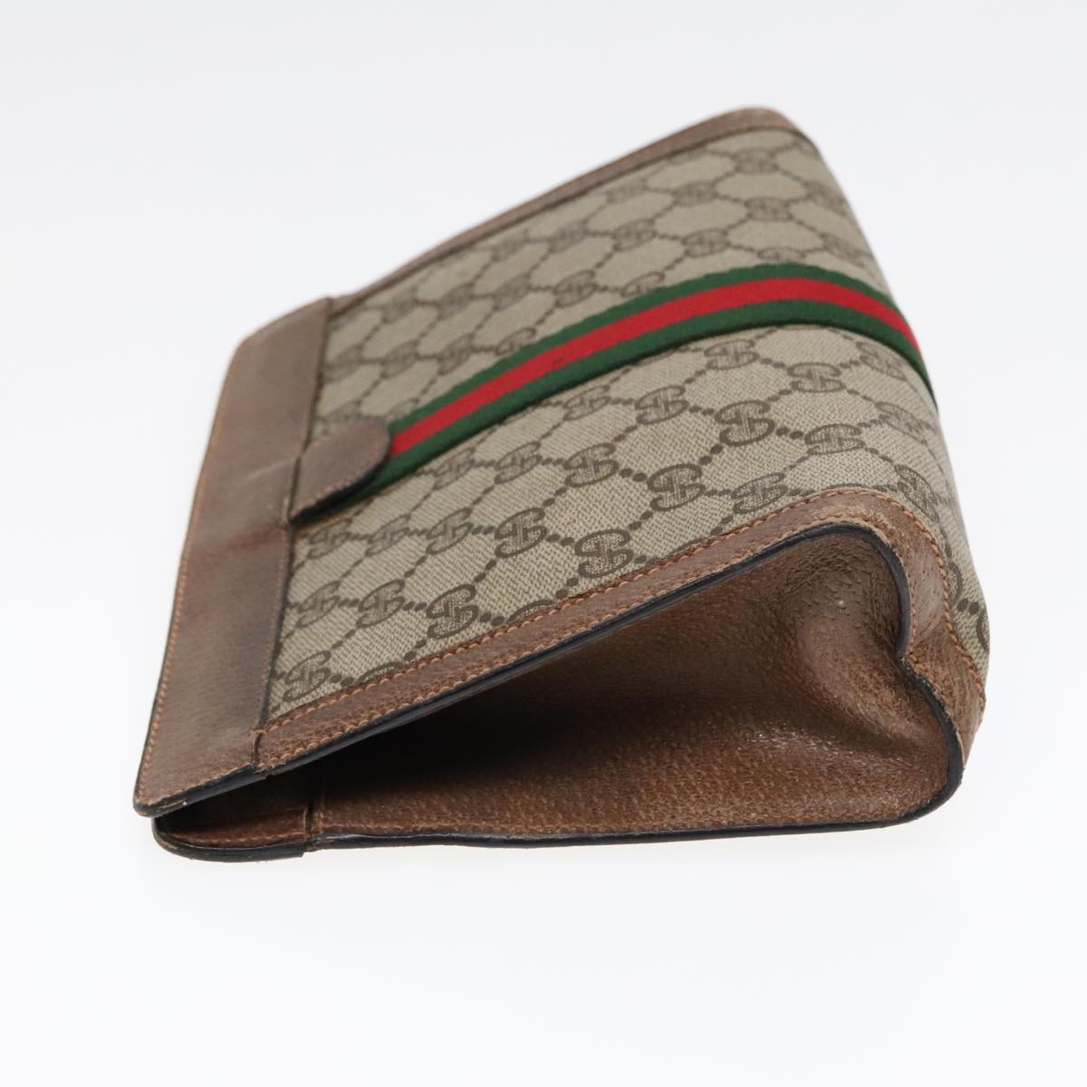 GUCCI GG Canvas Web Sherry Line Clutch Bag PVC Leather Beige Green Auth 90836