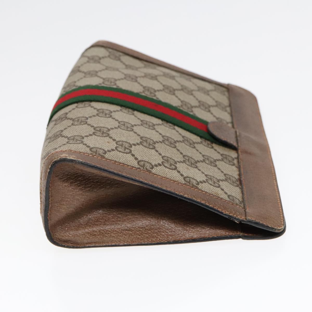 GUCCI GG Canvas Web Sherry Line Clutch Bag PVC Leather Beige Green Auth 90836