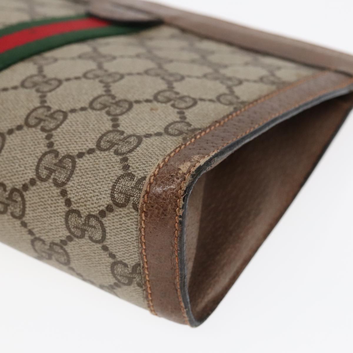 GUCCI GG Canvas Web Sherry Line Clutch Bag PVC Leather Beige Green Auth 90836