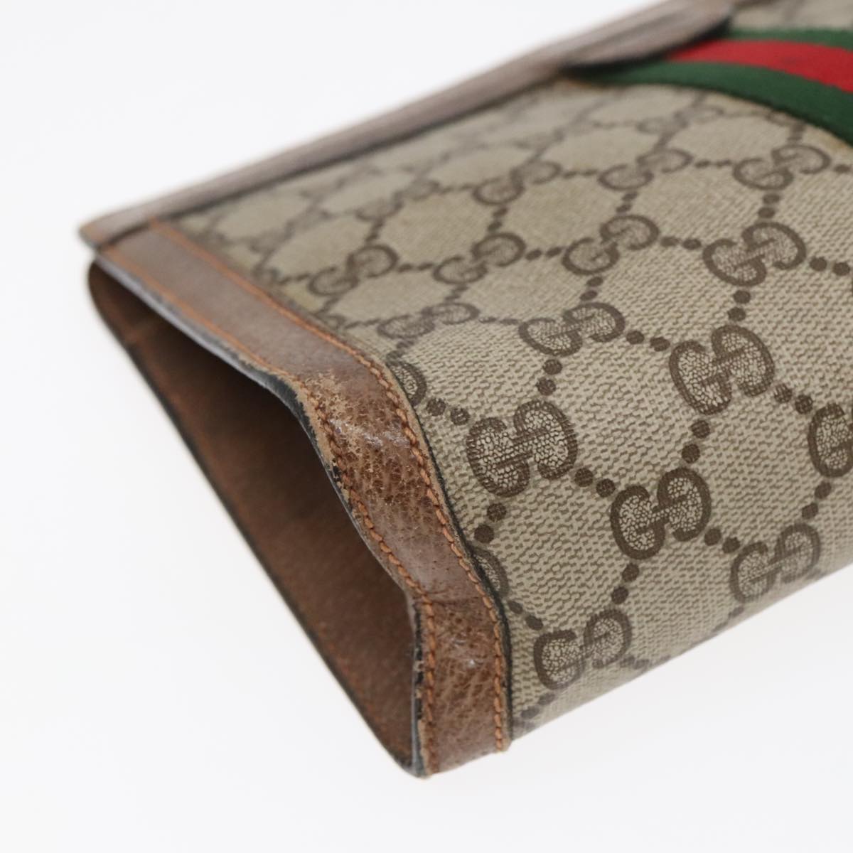 GUCCI GG Canvas Web Sherry Line Clutch Bag PVC Leather Beige Green Auth 90836