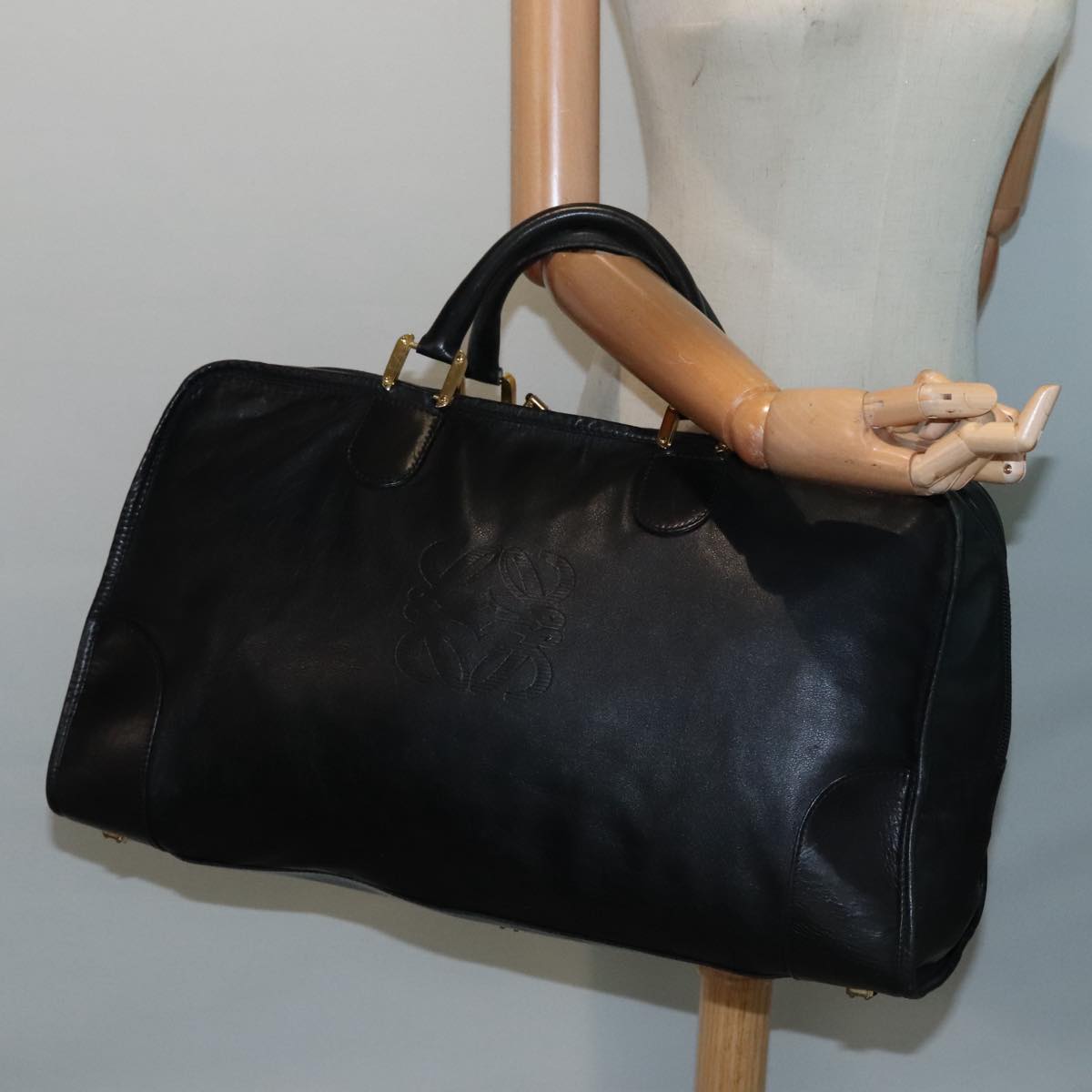 LOEWE anagram Boston Bag Leather Black Auth 90847