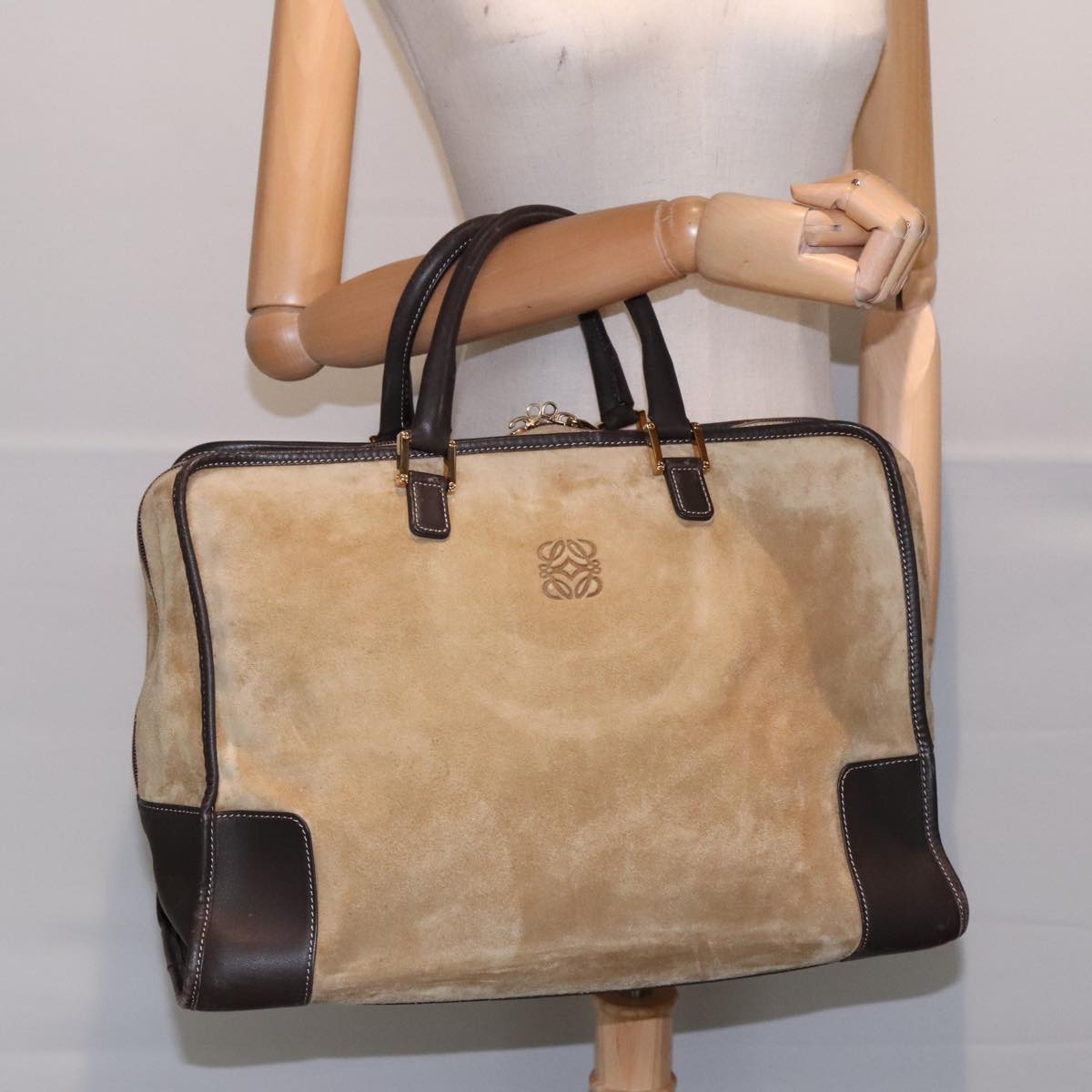 LOEWE Anagram Hand Bag Suede Leather Beige Brown gold Auth 90857