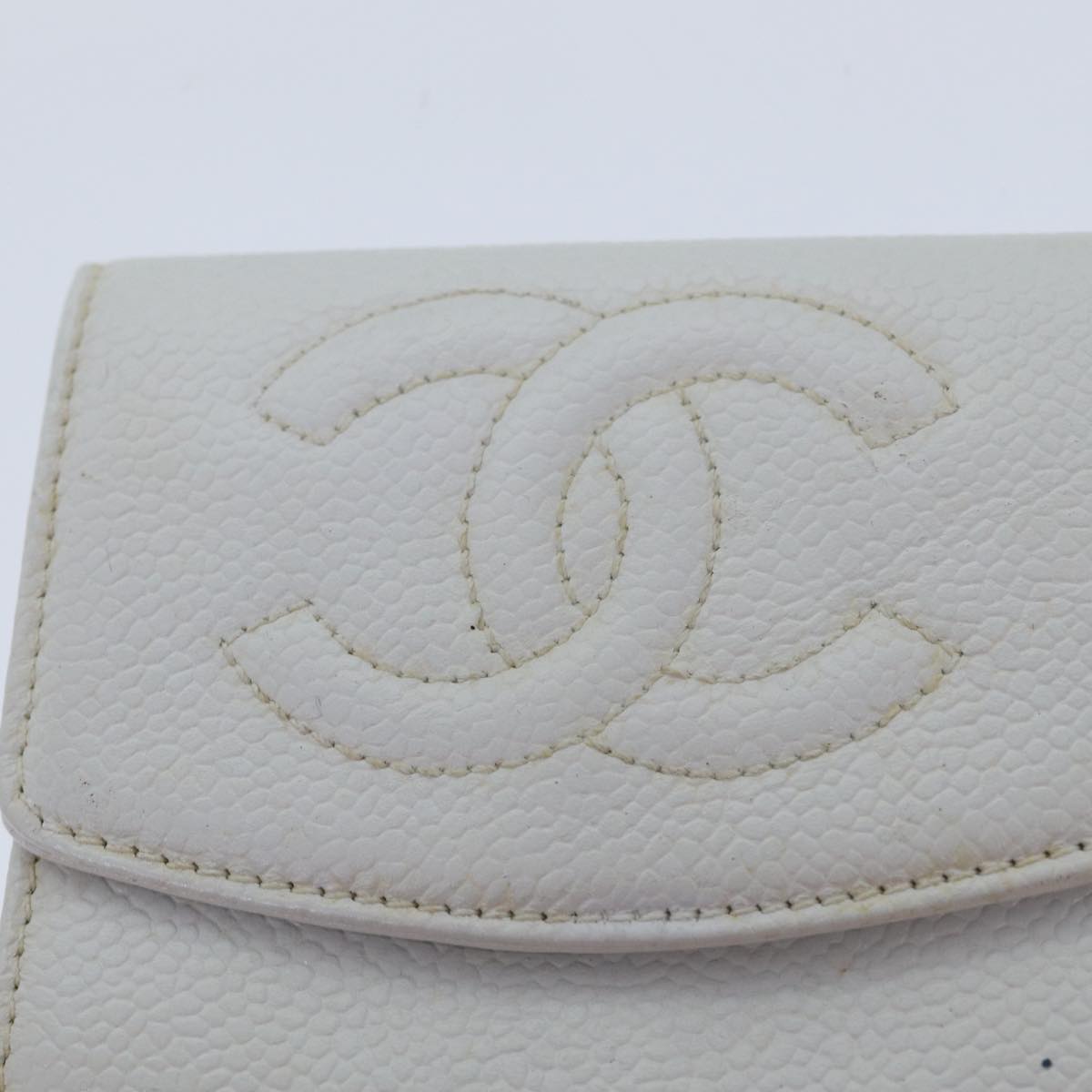 CHANEL COCO Mark Coin Purse Caviar Skin Gold White CC Auth 90864