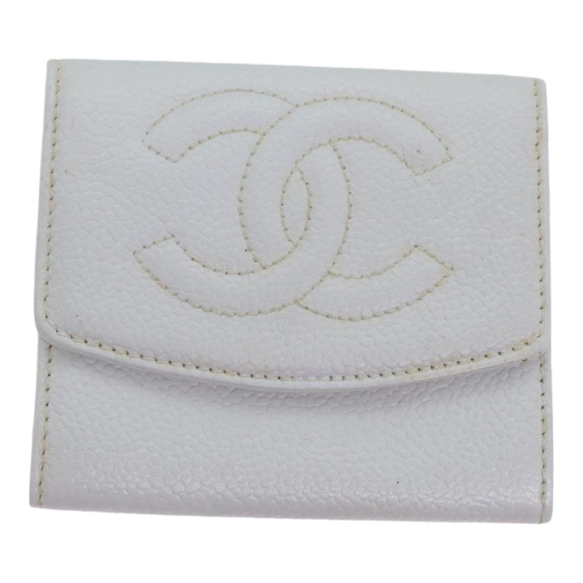 CHANEL COCO Mark Coin Purse Caviar Skin Gold White CC Auth 90864