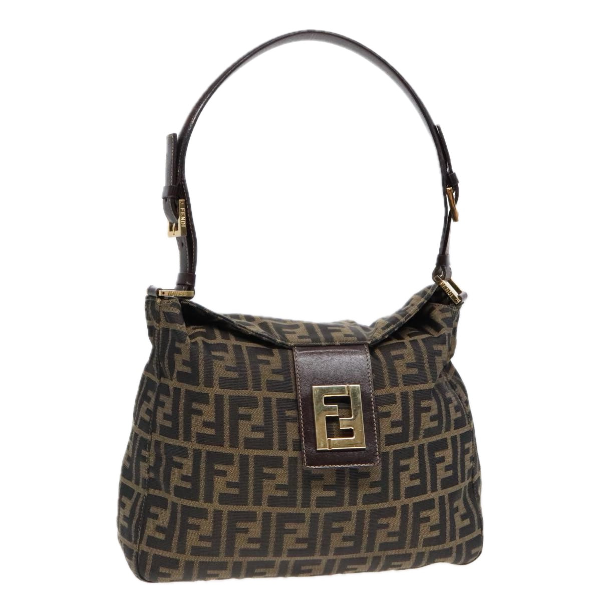 FENDI Zucca Canvas Shoulder Bag Brown Black gold Auth 90868