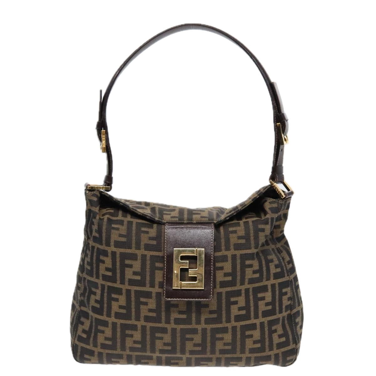 FENDI Zucca Canvas Shoulder Bag Brown Black gold Auth 90868 - 0