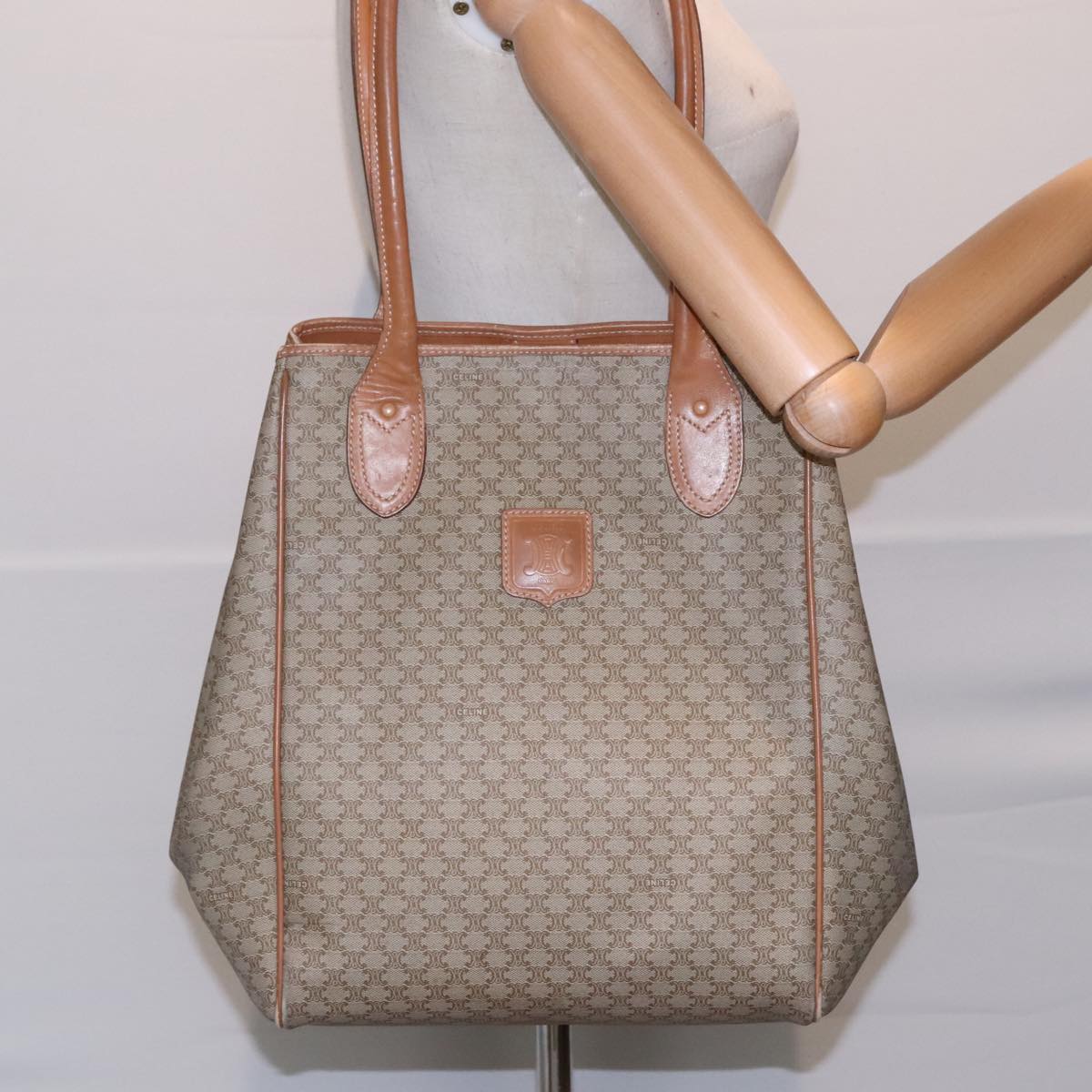 CELINE Macadam Canvas Tote Bag PVC Beige Auth 90869