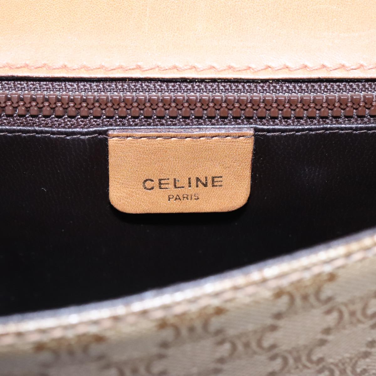 CELINE Macadam Canvas Shoulder Bag Beige Gold Auth 90883