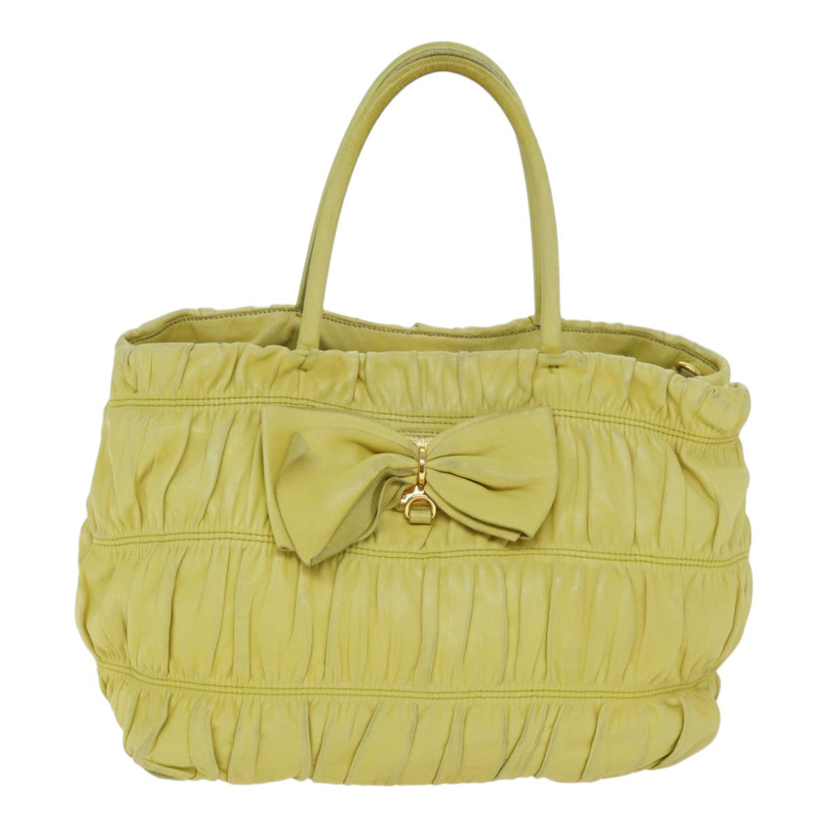 PRADA Gathered Hand Bag Leather 2way Yellow Auth 90890