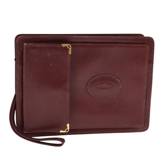 CARTIER Clutch Bag Leather Wine Red Auth 90899