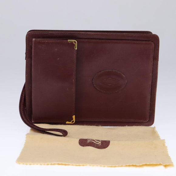 CARTIER Clutch Bag Leather Wine Red Auth 90899