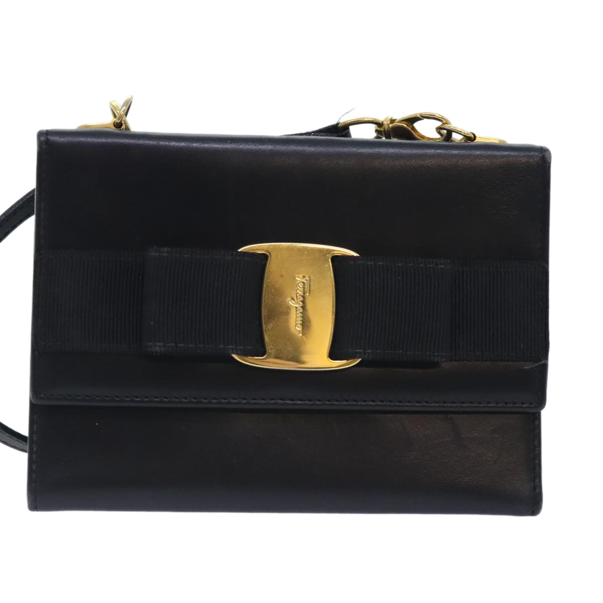 Salvatore Ferragamo Shoulder Wallet Leather Black Gold Auth 90933