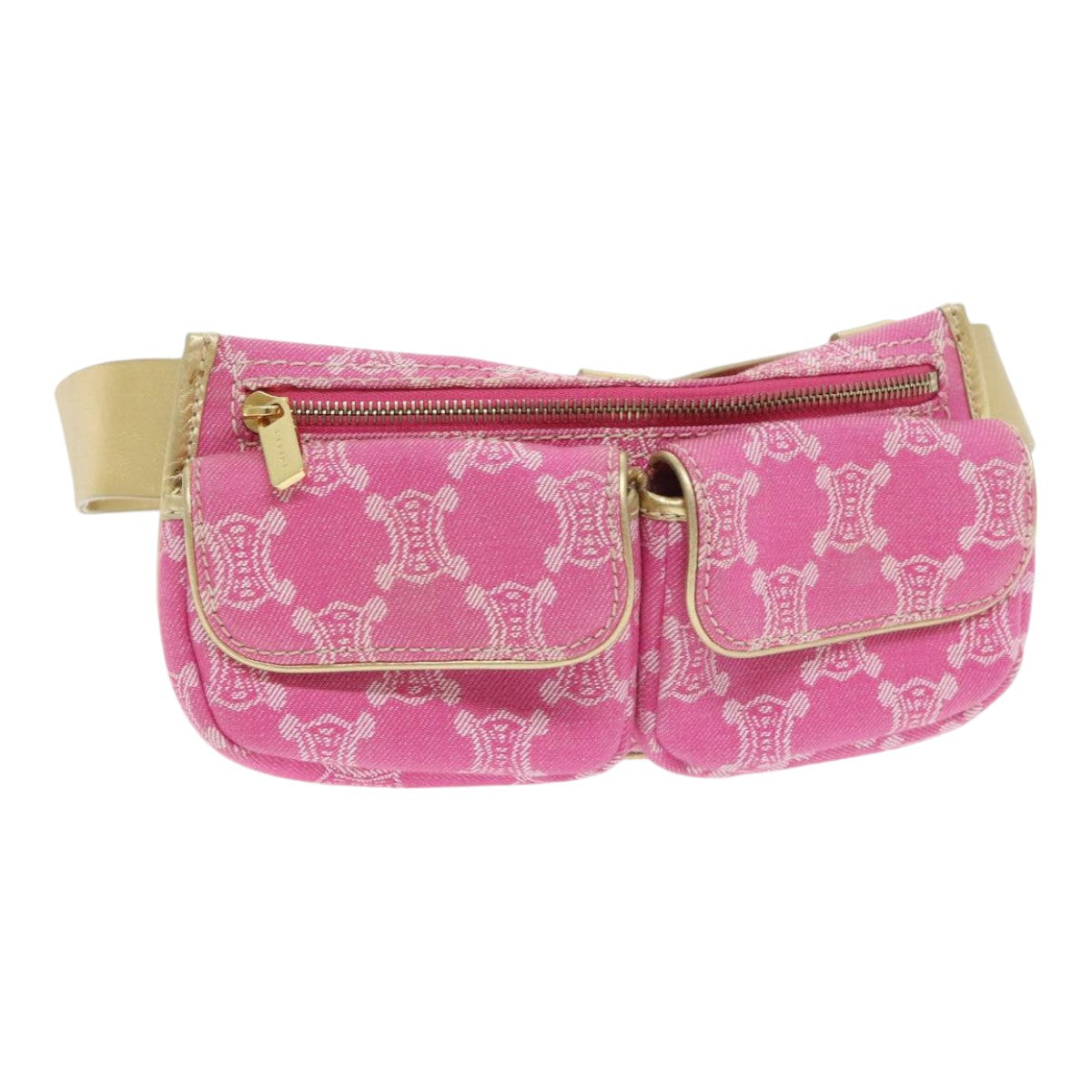 CELINE Paris Macadam Canvas Waist Bag Canvas Pink Gold Auth 90934