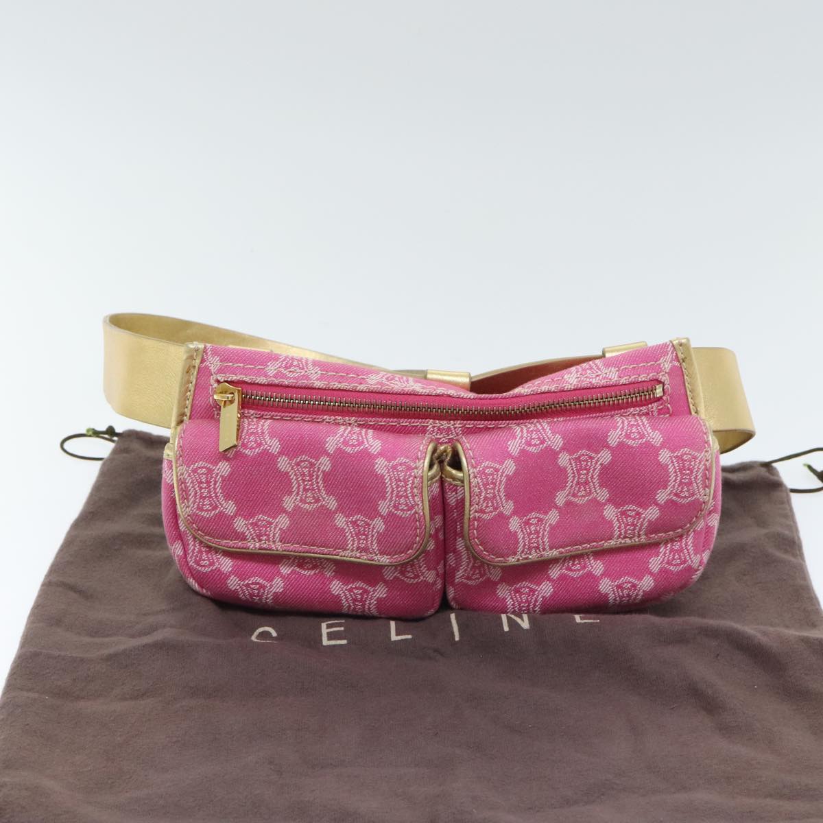 CELINE Paris Macadam Canvas Waist Bag Canvas Pink Gold Auth 90934