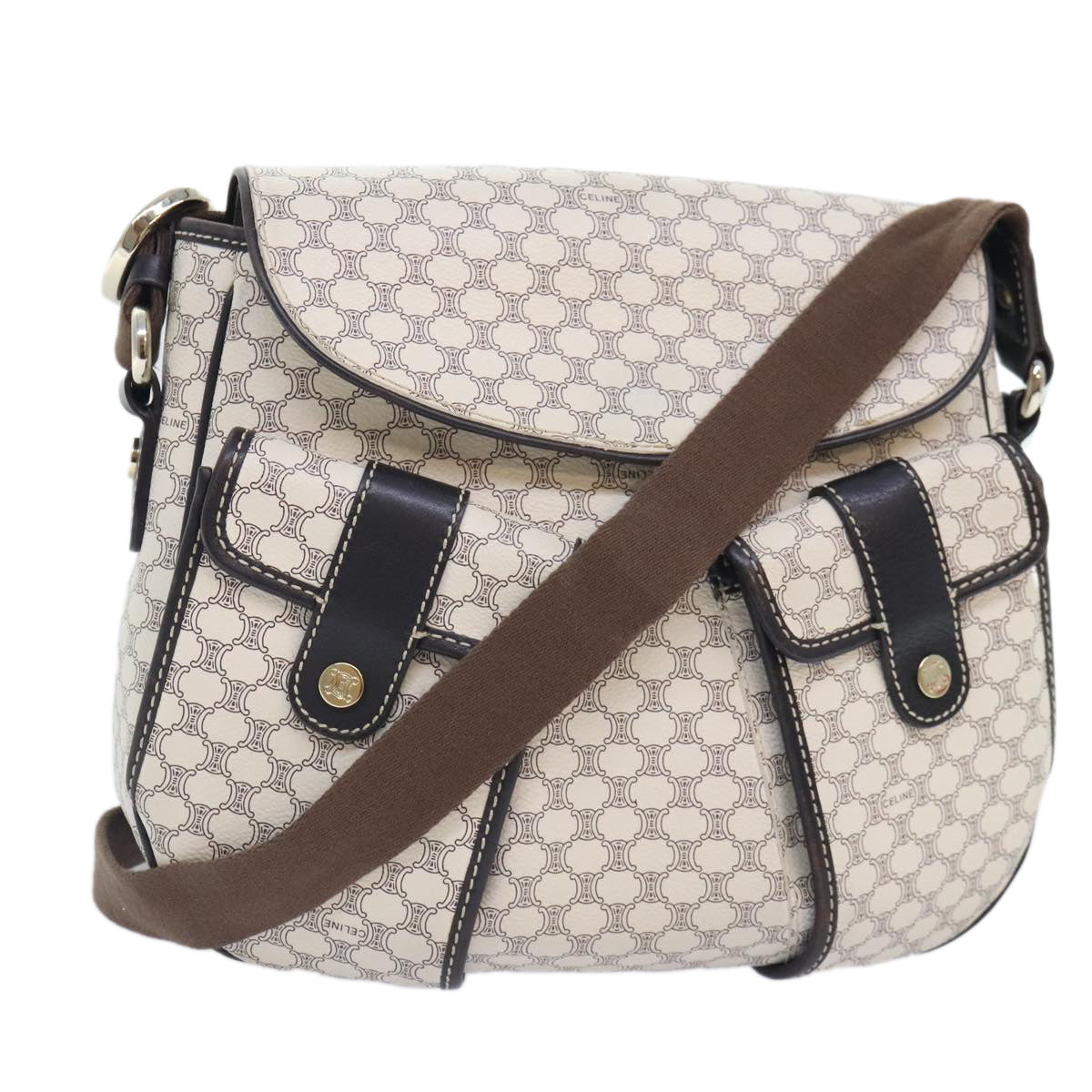 CELINE Macadam Canvas Shoulder Bag PVC White Silver Auth 90949