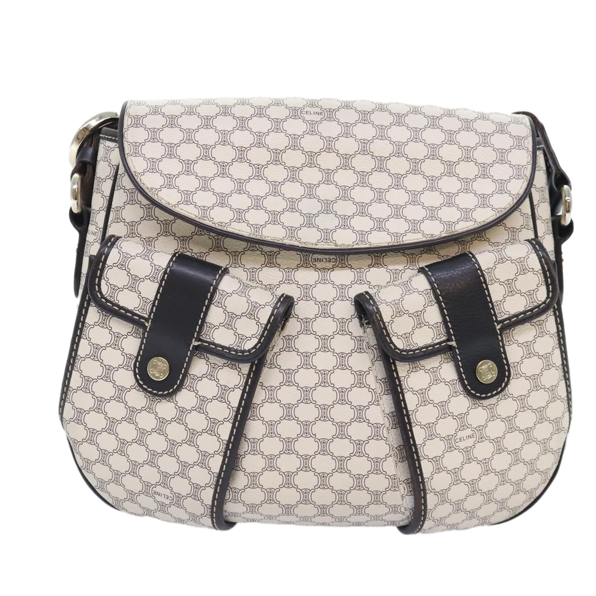 CELINE Macadam Canvas Shoulder Bag PVC White Silver Auth 90949