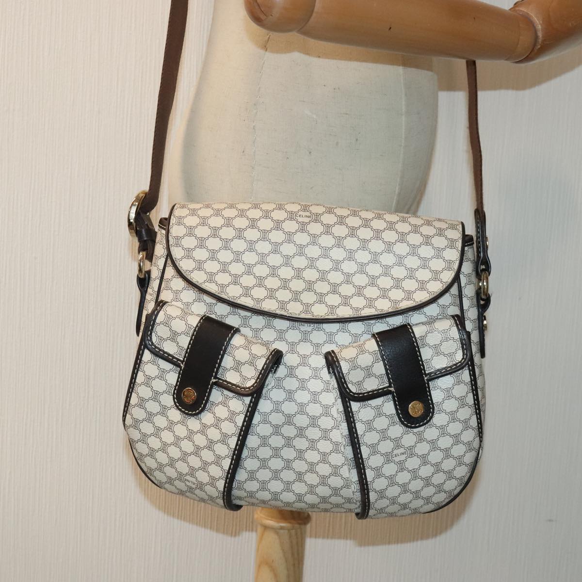 CELINE Macadam Canvas Shoulder Bag PVC White Silver Auth 90949