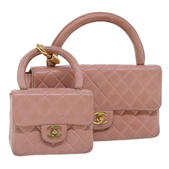 CHANEL Parent Child Bag Hand Bag Lamb Skin Pink Gold CC Auth 90957SAV