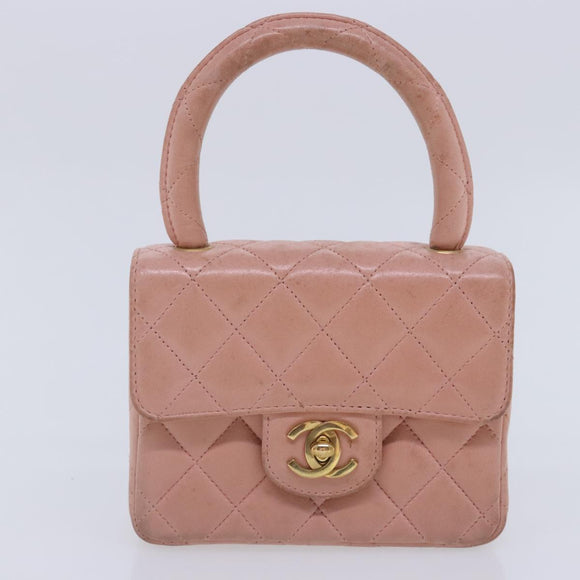 CHANEL Parent Child Bag Hand Bag Lamb Skin Pink Gold CC Auth 90957SAV