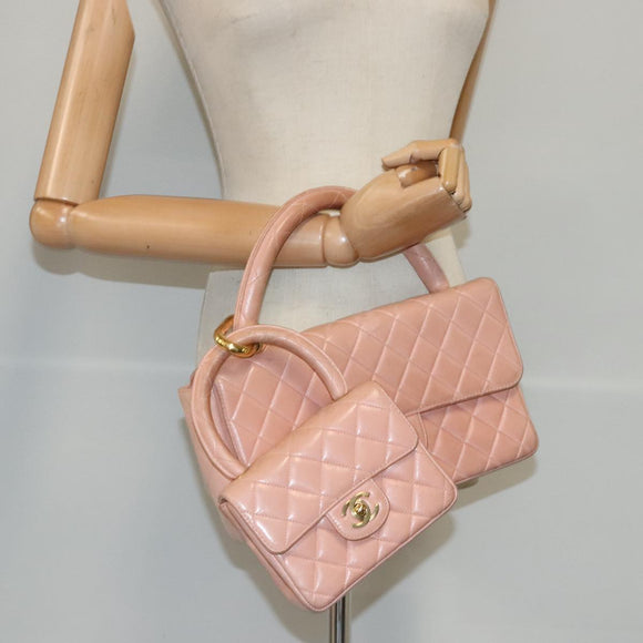 CHANEL Parent Child Bag Hand Bag Lamb Skin Pink Gold CC Auth 90957SAV