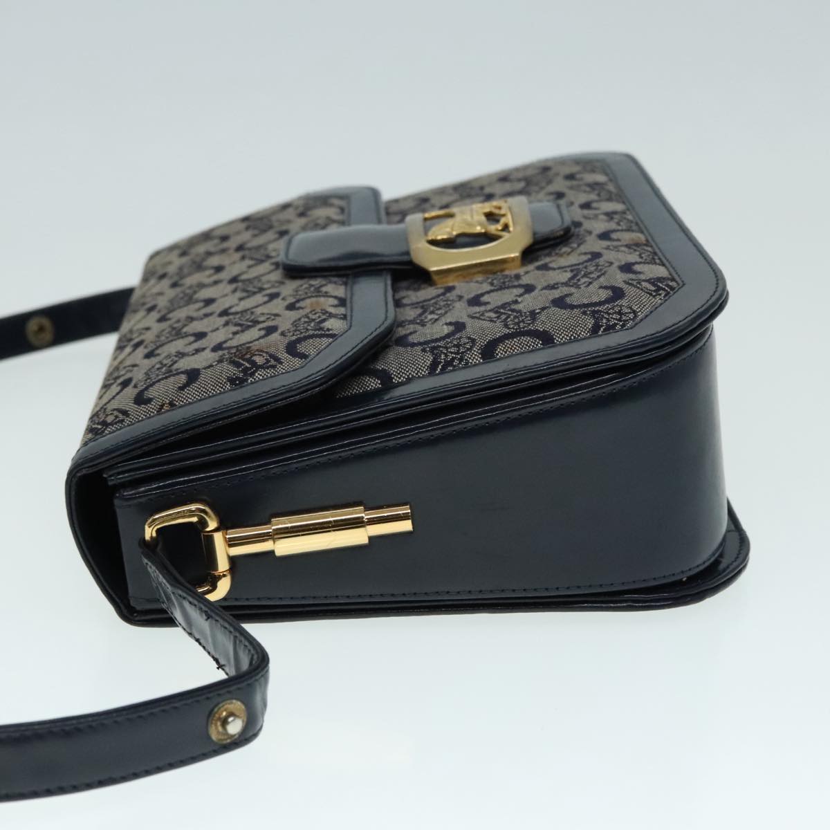 CELINE C Sulky Shoulder Bag Canvas Navy Gold Auth 90991