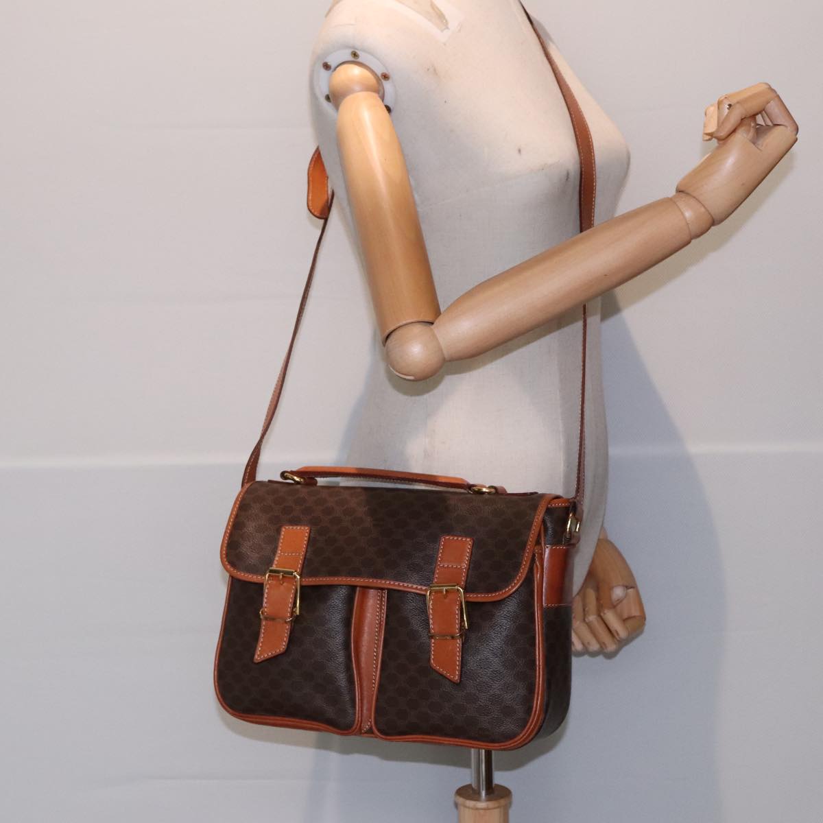 CELINE Macadam Canvas Shoulder Bag PVC Leather Brown Gold Auth 90992