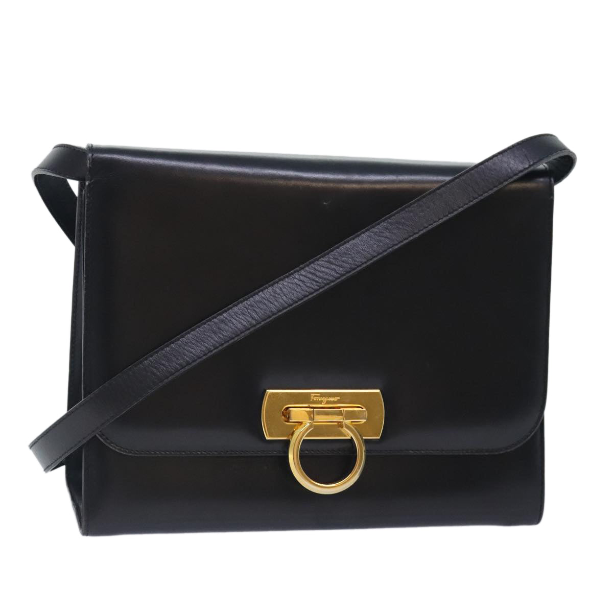 Salvatore Ferragamo Gancini Shoulder Bag Leather Black Gold Auth 90997