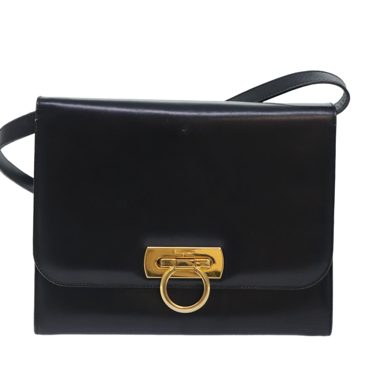 Salvatore Ferragamo Gancini Shoulder Bag Leather Black Gold Auth 90997 - 0