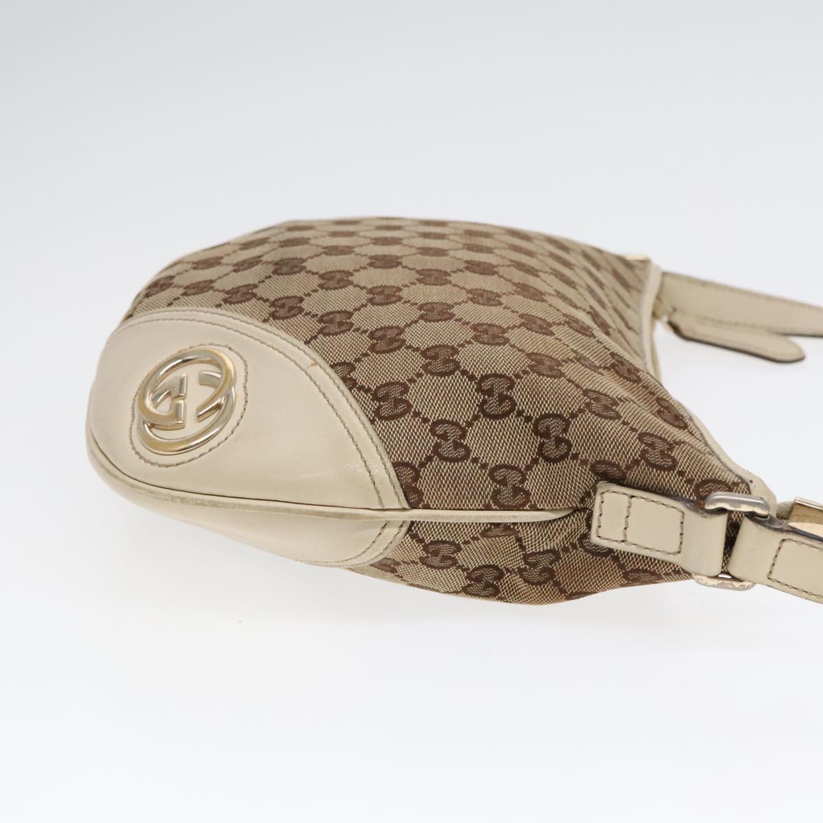 GUCCI GG Canvas Shoulder Bag Leather Beige Silver Auth 91008