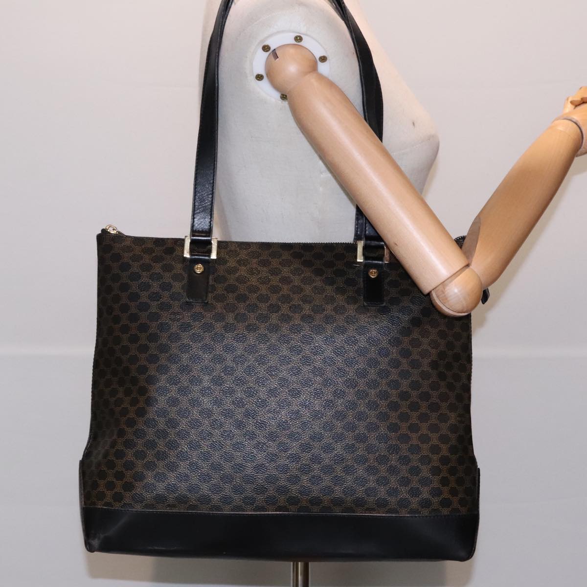 CELINE Macadam Canvas Tote Bag PVC Black Gold Auth 91012