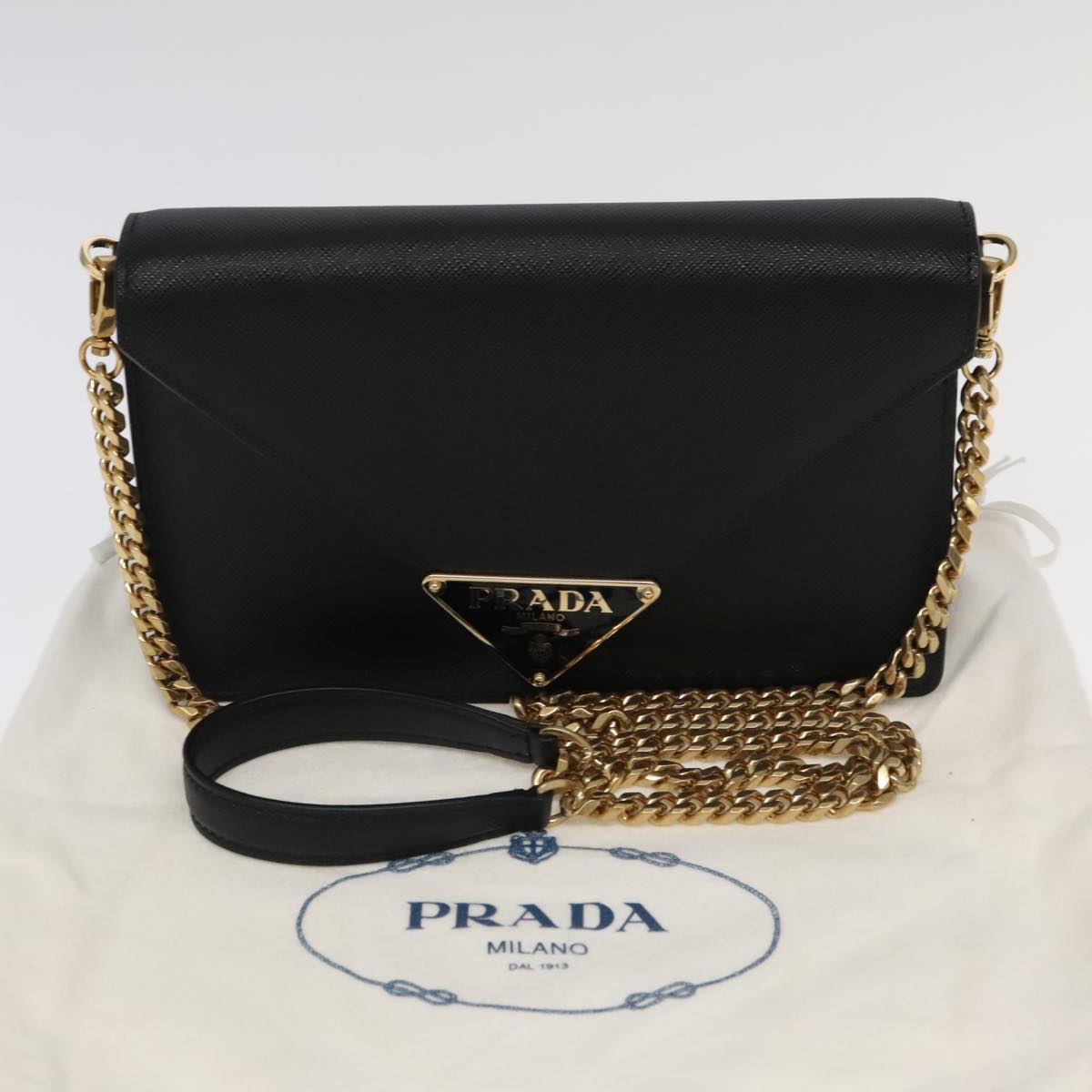 PRADA Chain Shoulder Bag Safiano leather Gold Black Auth 91020S