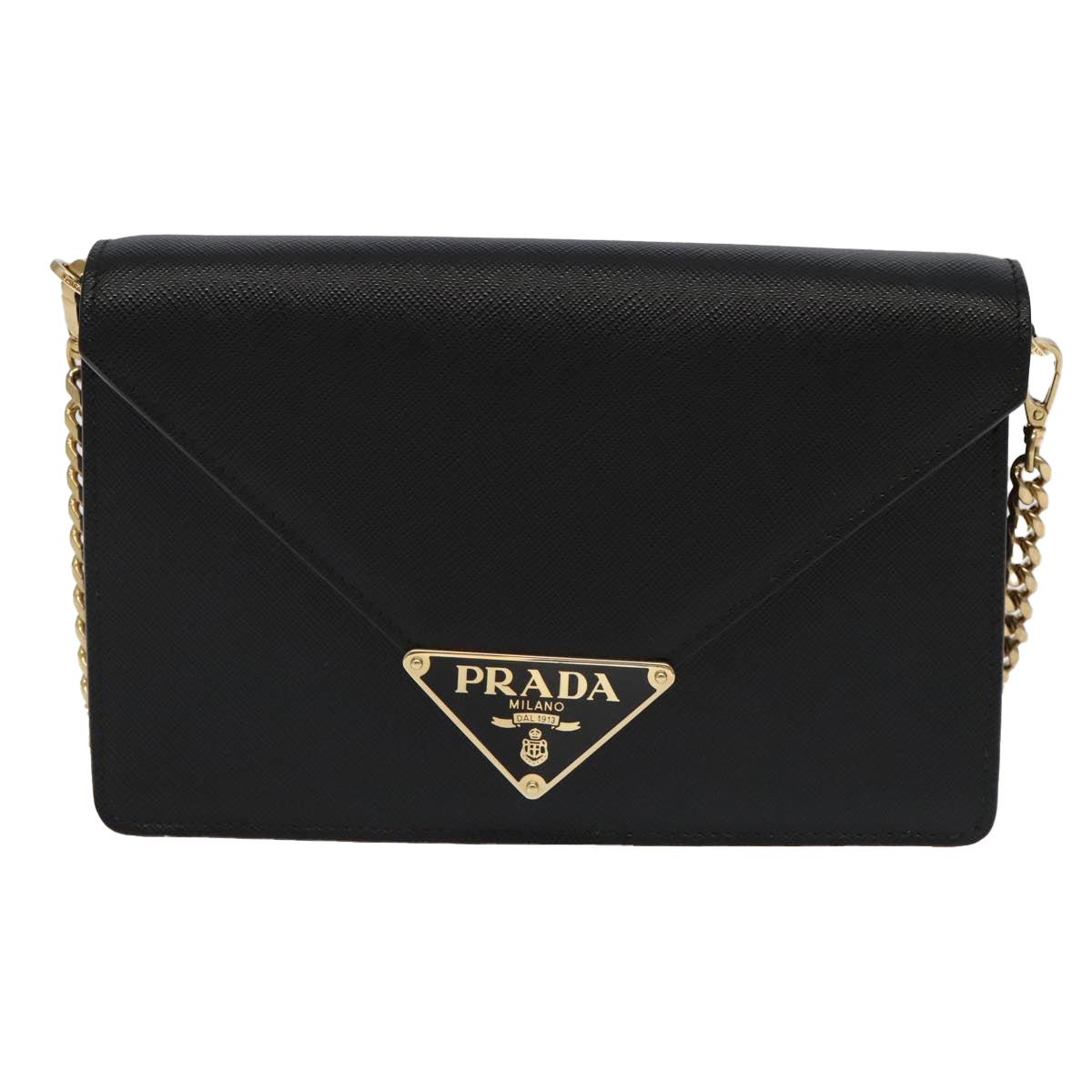 PRADA Chain Shoulder Bag Safiano leather Gold Black Auth 91020S - 0