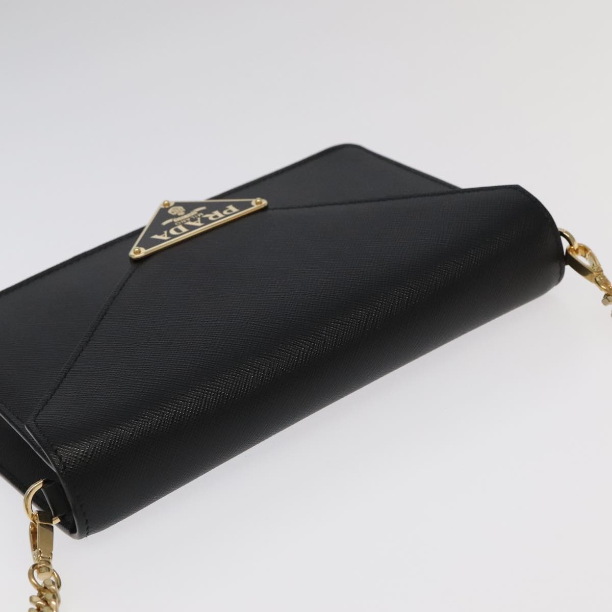 PRADA Chain Shoulder Bag Safiano leather Gold Black Auth 91020S