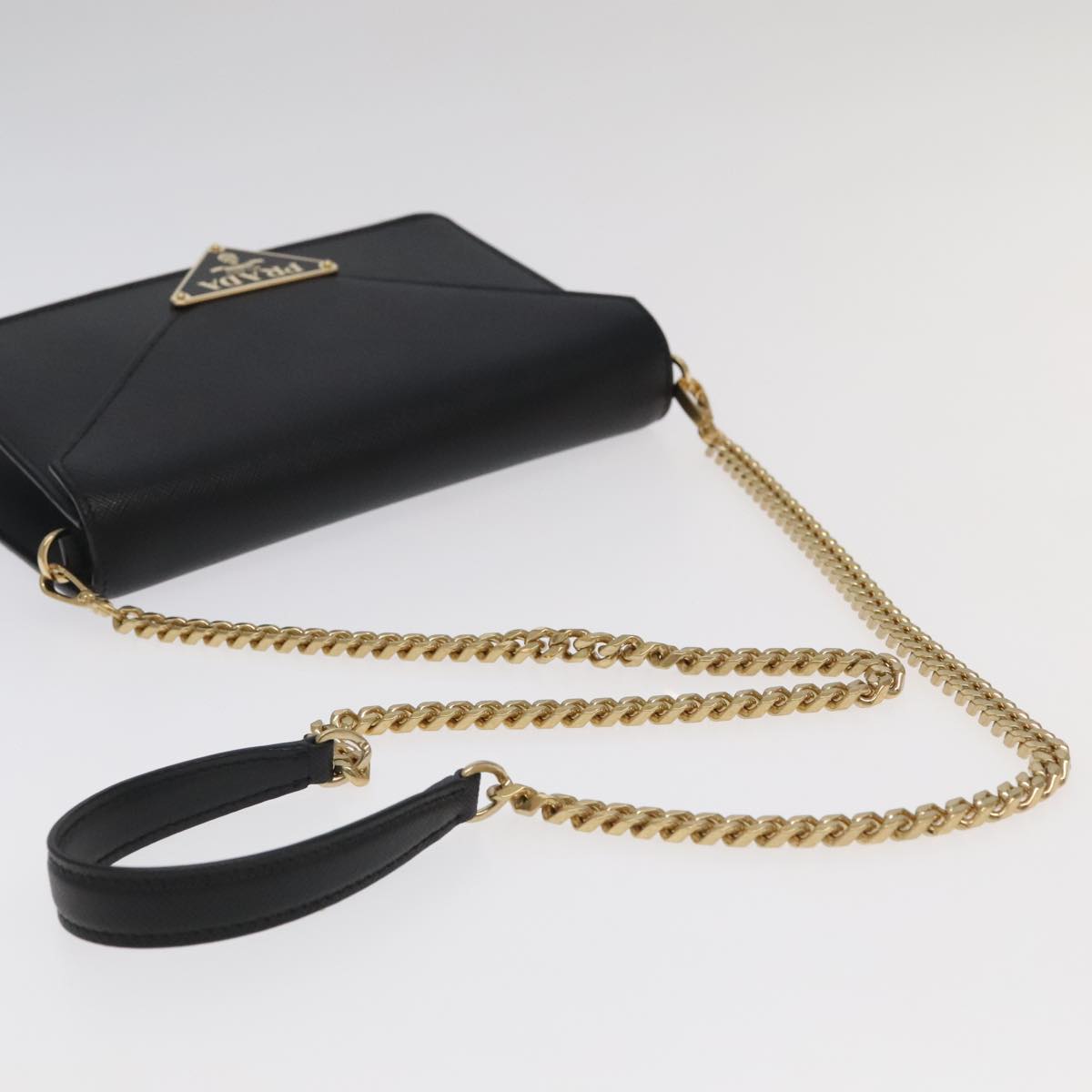 PRADA Chain Shoulder Bag Safiano leather Gold Black Auth 91020S