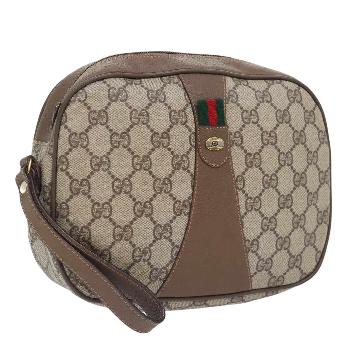 GUCCI GG Canvas Web Sherry Line Clutch Bag PVC Leather Beige Green Auth 91195