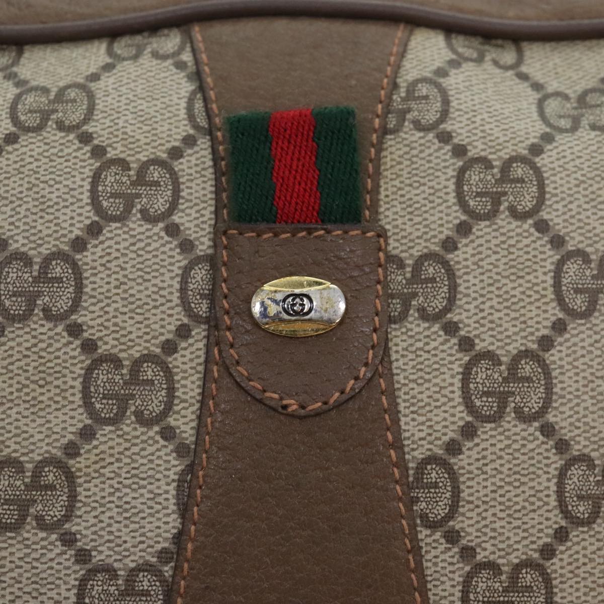 GUCCI GG Canvas Web Sherry Line Clutch Bag PVC Leather Beige Green Auth 91195