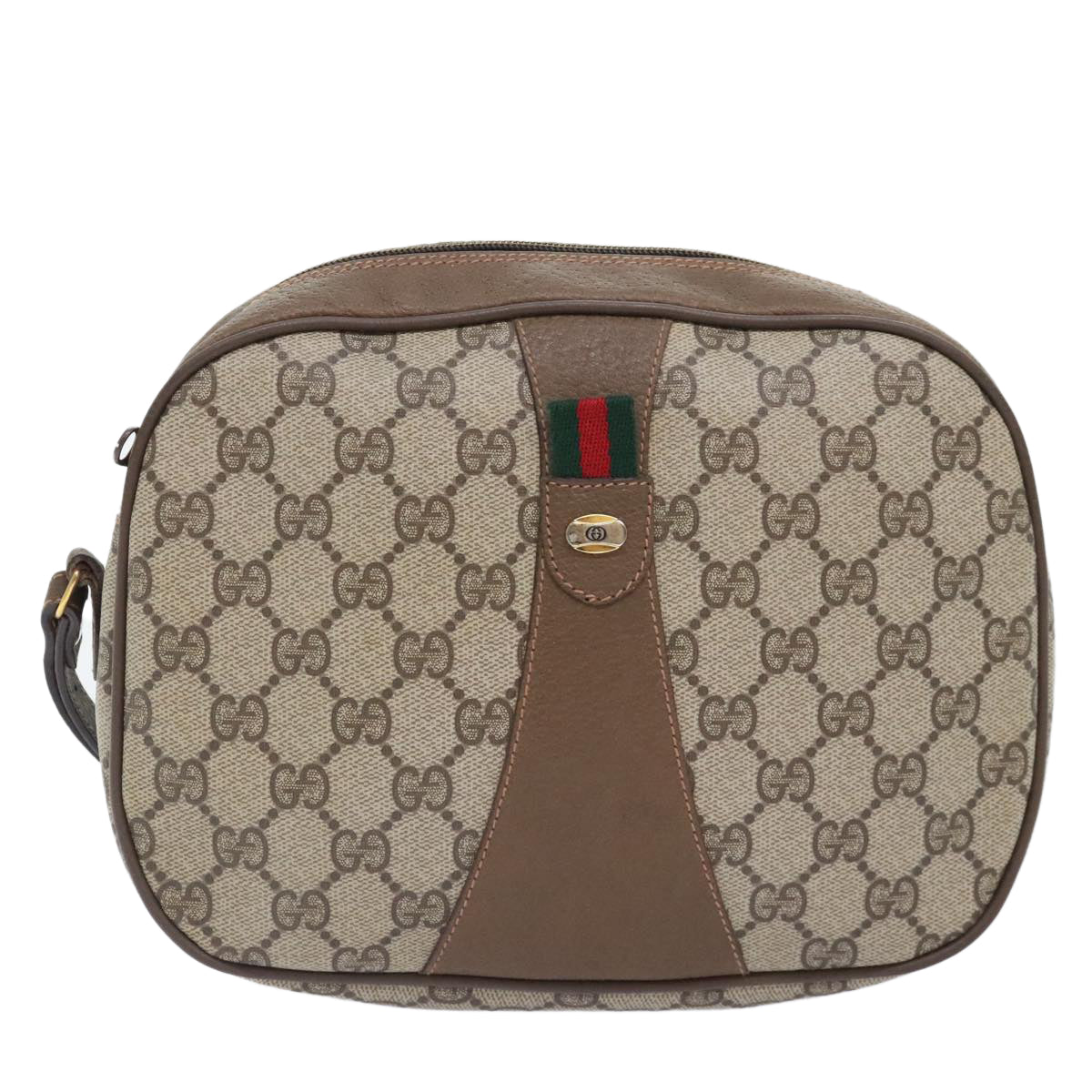 GUCCI GG Canvas Web Sherry Line Clutch Bag PVC Leather Beige Green Auth 91195