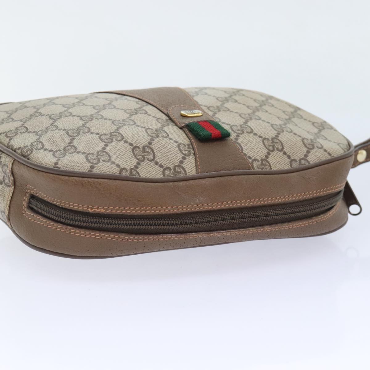 GUCCI GG Canvas Web Sherry Line Clutch Bag PVC Leather Beige Green Auth 91195