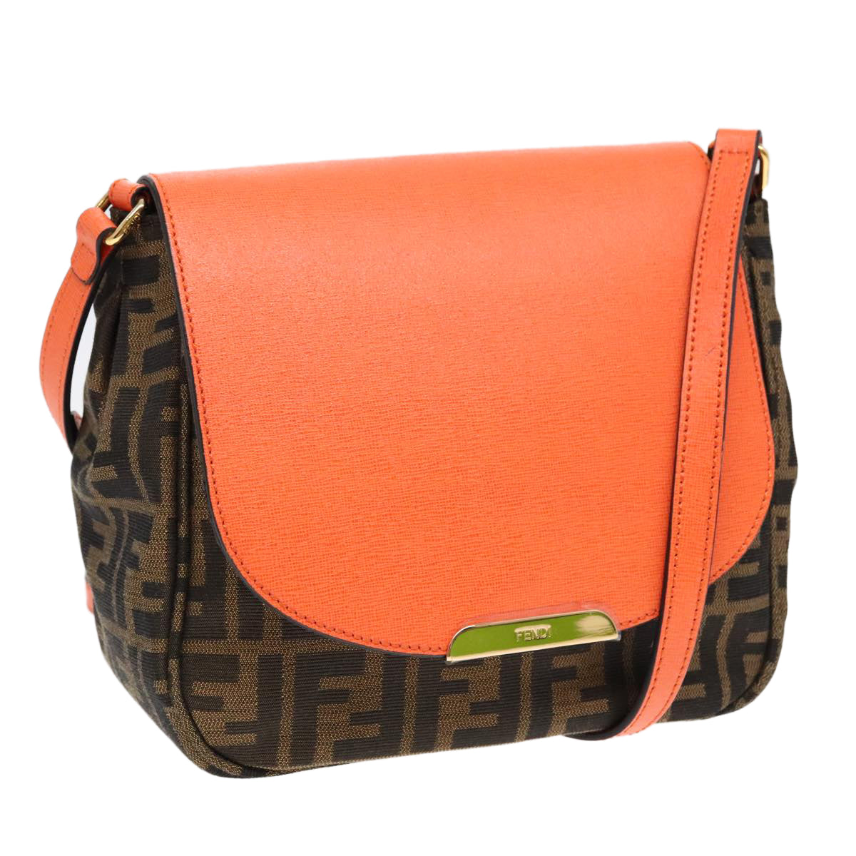 FENDI Zucca Canvas Shoulder Bag Brown Black Orange Auth 91226