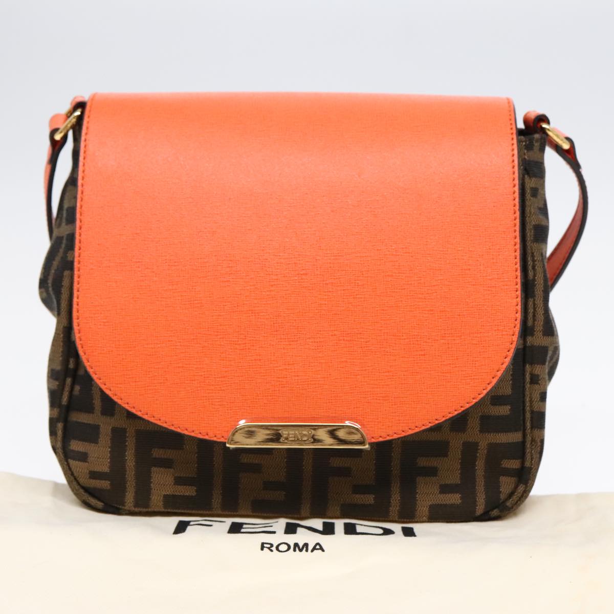 FENDI Zucca Canvas Shoulder Bag Brown Black Orange Auth 91226