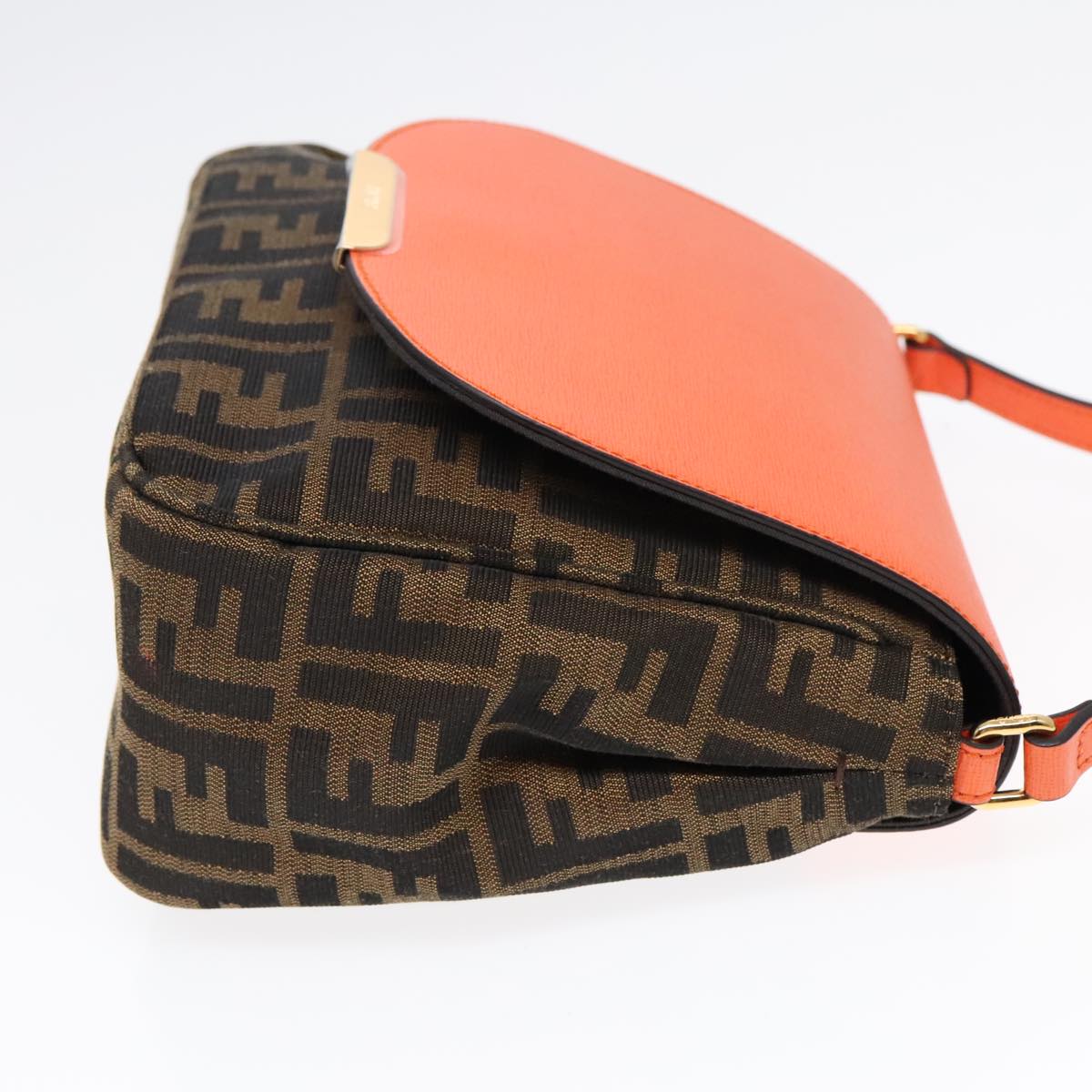 FENDI Zucca Canvas Shoulder Bag Brown Black Orange Auth 91226