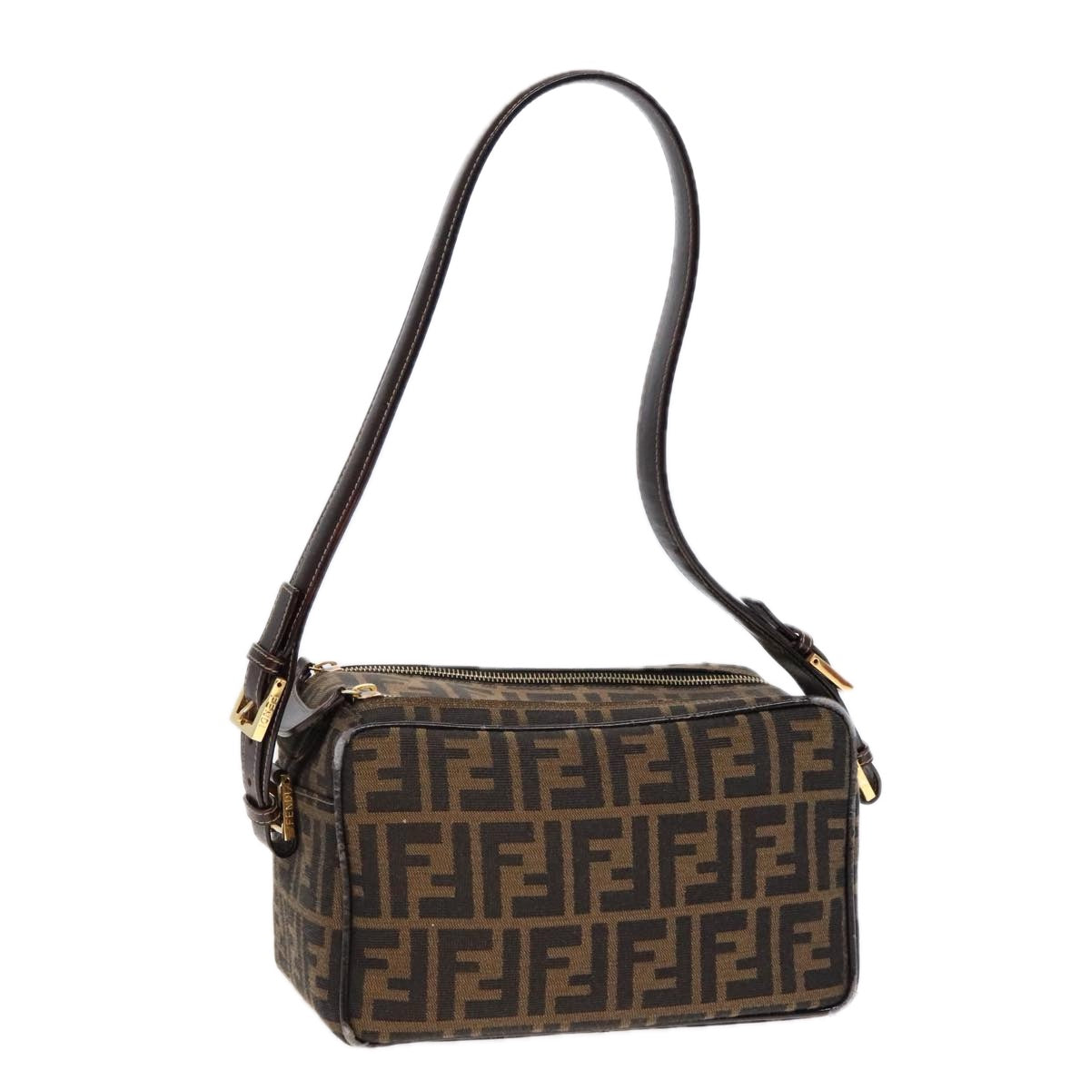 FENDI Zucca Canvas Shoulder Bag Brown Black gold Auth 91227