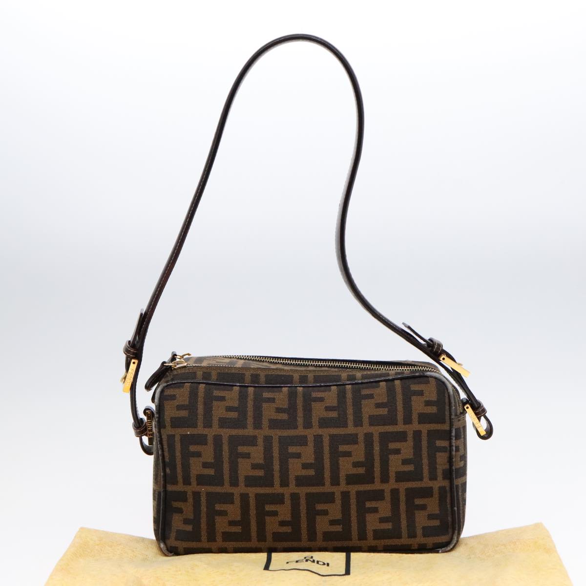 FENDI Zucca Canvas Shoulder Bag Brown Black gold Auth 91227