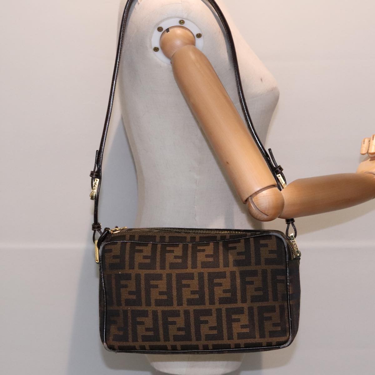 FENDI Zucca Canvas Shoulder Bag Brown Black gold Auth 91227